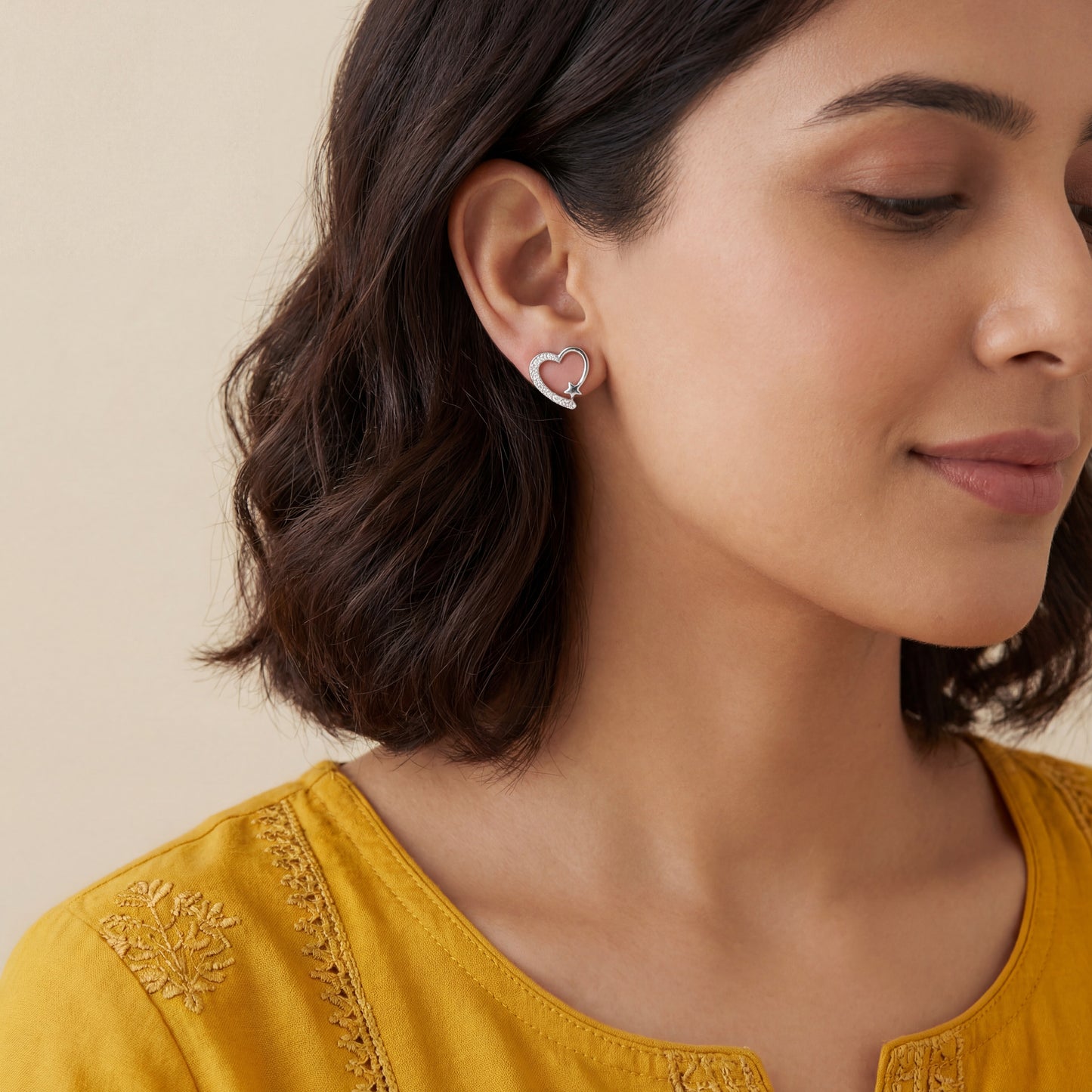 Starlit Heart Silver Stud Earrings