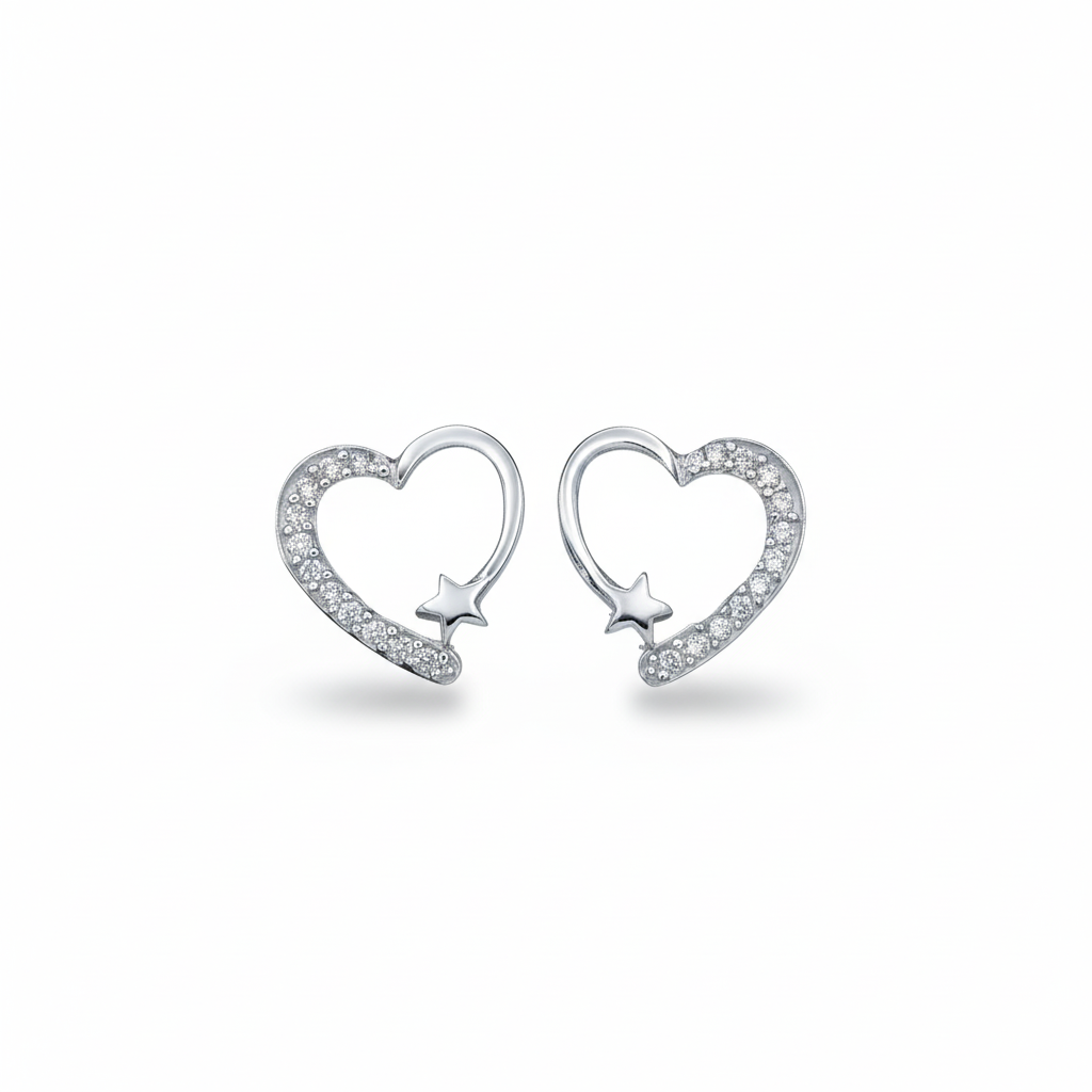 Starlit Heart Silver Stud Earrings