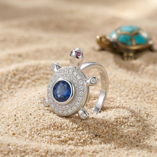 Silver turtle-shaped ring with a blue gemstone on sand, with a turtle figurine in the background.